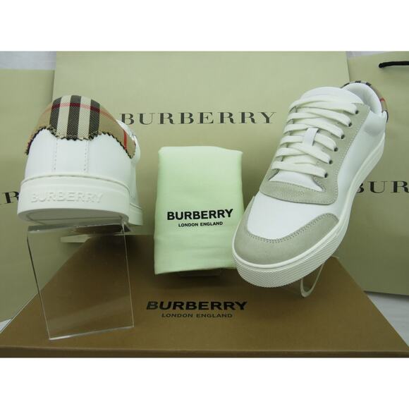 NIB BURBERRY ROBIN WHITE BEIGE CHECK LEATHER LOW LOGO SNEAKERS US 7 40 IT $870 - Picture 4 of 13
